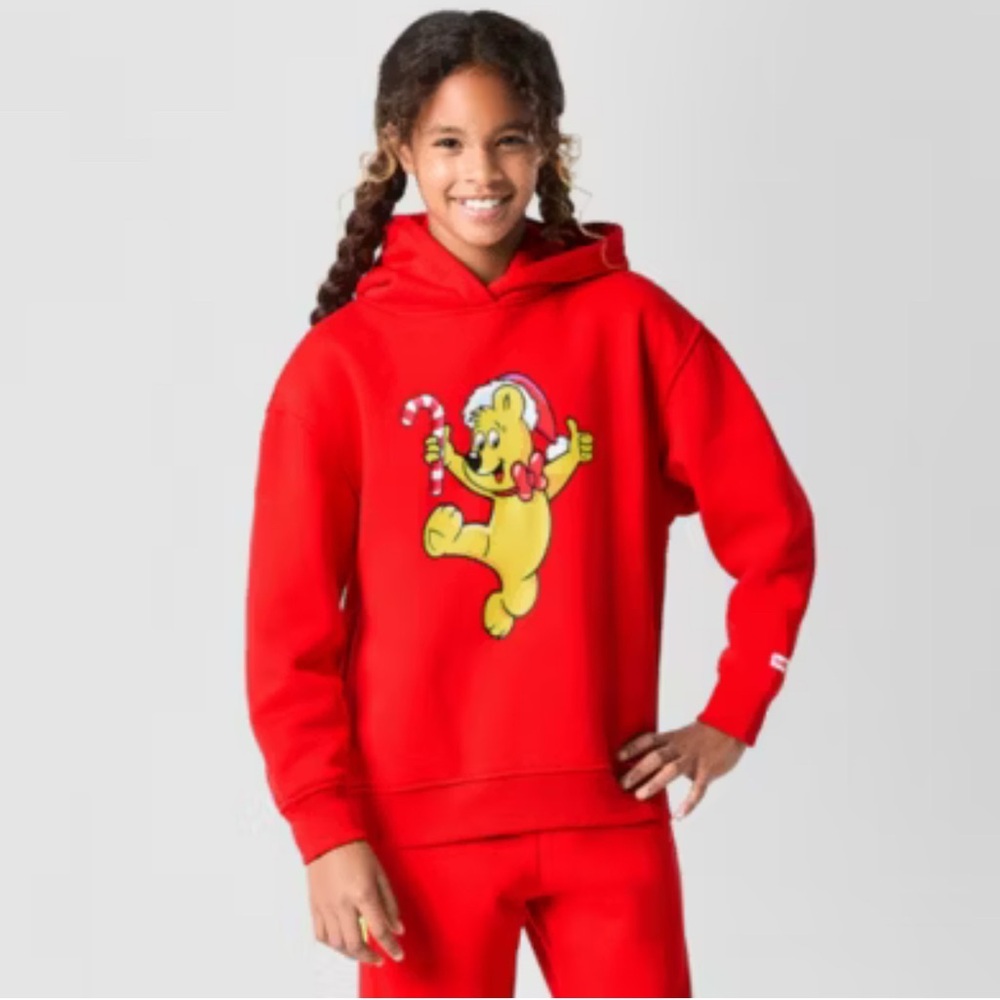 HARIBO Unisex Red Christmas Hoodie with Yellow Gummy Bear Appliqué    5T.    NWT